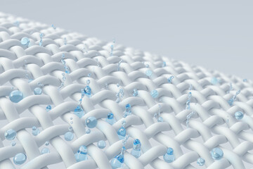 Water Bubble flow through the fabric fiber, White Cloth or woven textile Fiber, 3d illustration.