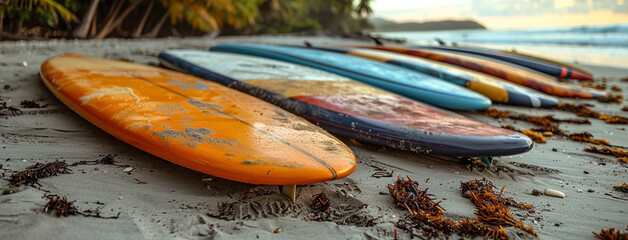 Wide horizontal sports wallpaper banner of different color and design surfing boards lay in order at travel beach sand