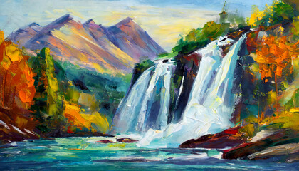 Impressionistic painting of a waterfall in nature - obrazy, fototapety, plakaty