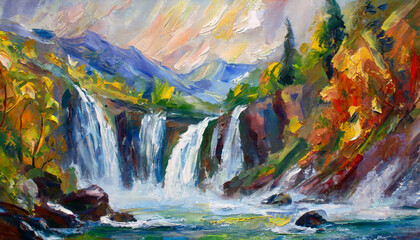 Impressionistic painting of waterfalls in nature - obrazy, fototapety, plakaty