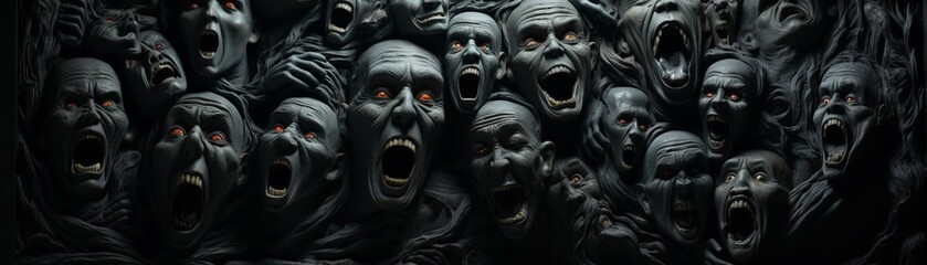 a black wall full of human scared faces tactile effect - obrazy, fototapety, plakaty