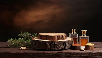 Fototapeta premium Rustic wood podium display for food, perfume, jewellery and cosmetic products on dark