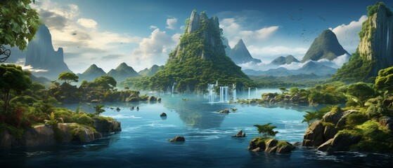 Surreal landscape featuring floating islands above a crystal-clear ocean under a sky transitioning from sunset to starlight Lush vegetation and waterfalls adorn the islands