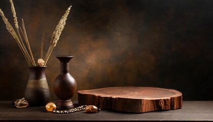 Rustic wood podium display for food, perfume, jewellery and cosmetic products on dark