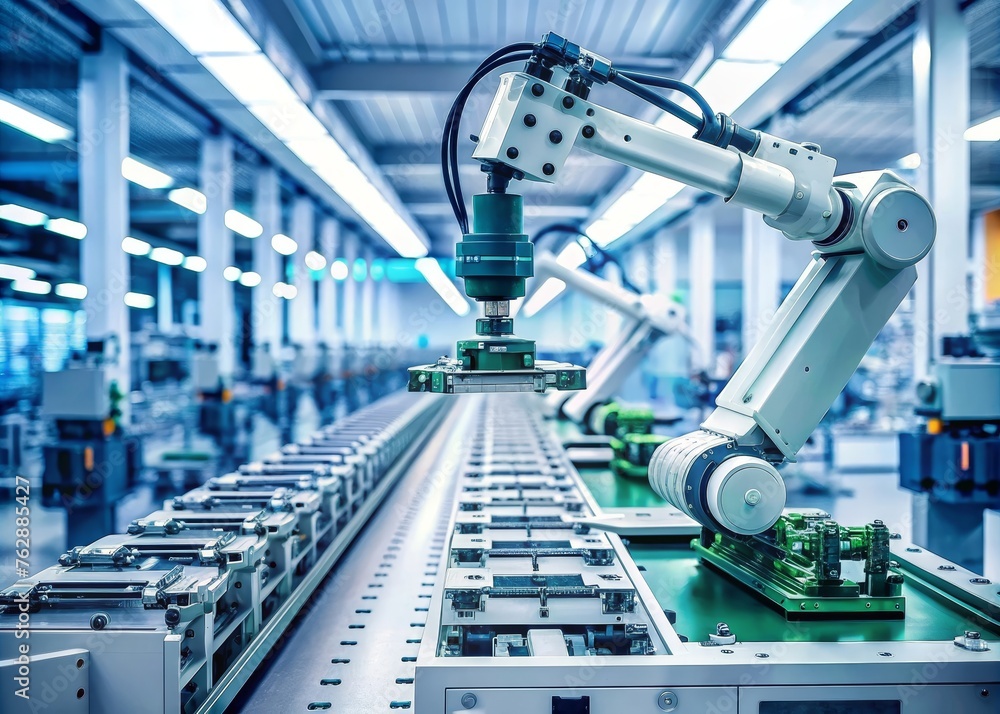 Poster fully automated modern pcb assembly line equipped with advanced high precision robot arms