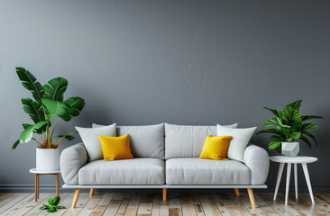 Minimalist Scandinavian living room interior with grey sofa, yellow pillows and plants on white wooden table against gray wall mock up