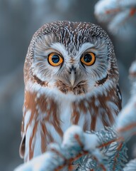 Beautiful portrait  Northern saw-whet owl  bird in a background wildlife  forest.  Close up Northern saw-whet  owl  in winter  nature habitat for  wallpaper, card,  beautiful winter background.