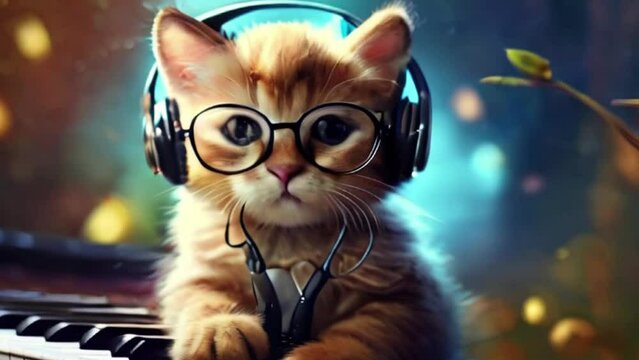 a cute cat with glasses and headphones listen music