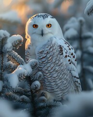 Beautiful portrait  Polar owl  bird in a background wildlife  forest.  Close up white Snowy  owl  in winter  nature habitat for  wallpaper, card,  beautiful winter background.
