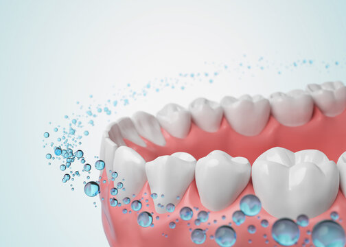 Healthy gums and teeth with fluoride Liquid Bubble Protect and Cleaning. Oral hygiene and Dental concept, 3d rendering.