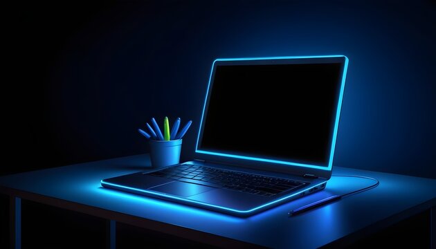 portable neon computer with blank screen and a desk in a dark room with blue lighting. Technological background