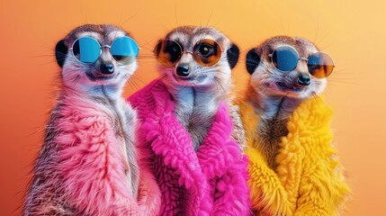 Fashionable Meerkat Group for Birthday Party Invitation: Creative Animal Concept in Bright Outfits...