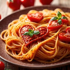 Heart shaped plate of pasta spaghetti, romantic meal for sharing