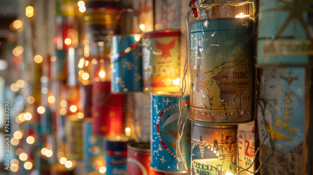 Poster a closeup of a recycled tin can lantern with various cans of different sizes and colors stitched tog