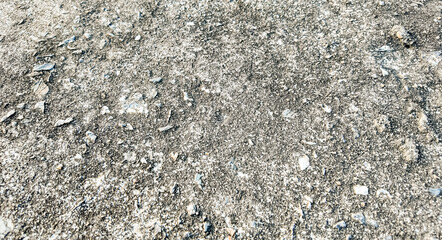 Texture-focused close-up of a rough asphalt surface with scattered pebbles and space for text,...