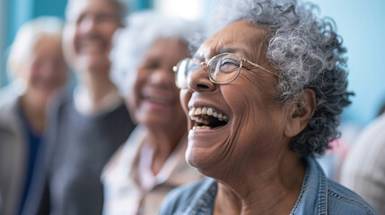 Group of seniors laughing together in community center, bright room, happy faces, wide angle