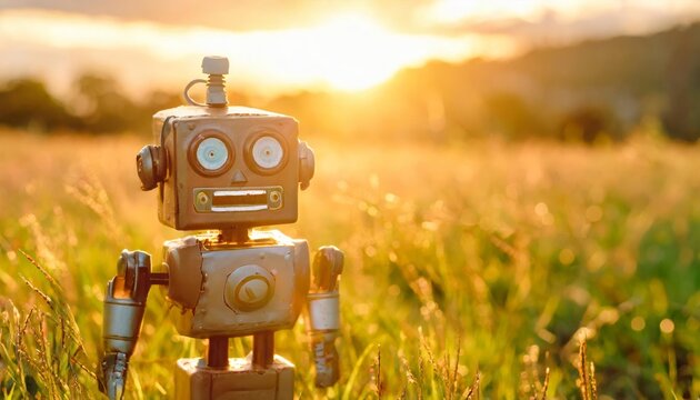 a cute little old rusty robot smiling in a field laughing during sunset