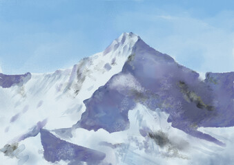 Fototapeta premium watercolor drawing winter landscape with mountains, snow covered peak, hand drawn illustration