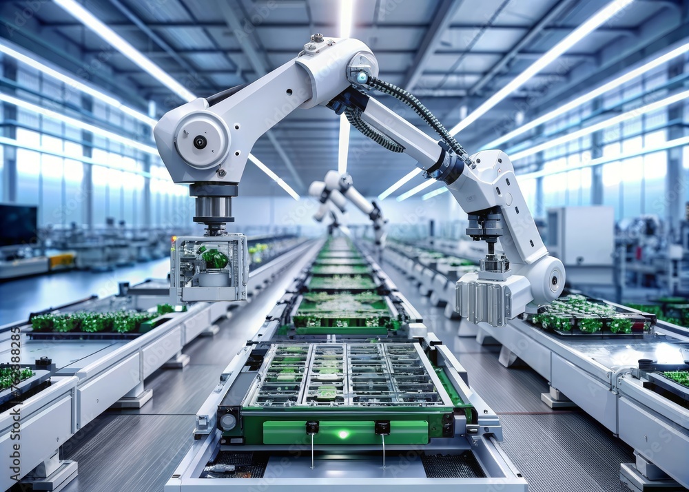 Poster fully automated modern pcb assembly line equipped with advanced high precision robot arms