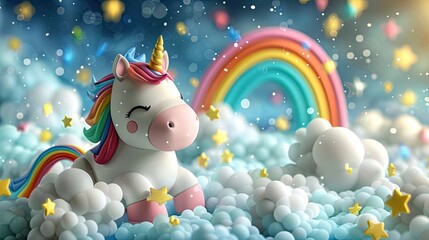 Unicorn and Rainbow Dreams: Playful Cartoon Image on Clouds for Kids' Room Decor, Toy Store and Children's Book Illustration - Powered by Adobe