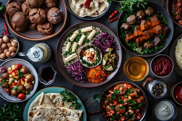 Top view of Ramadan kareem Iftar party table with assorted festive traditional Arab dishes. Dark background - obrazy, fototapety, plakaty