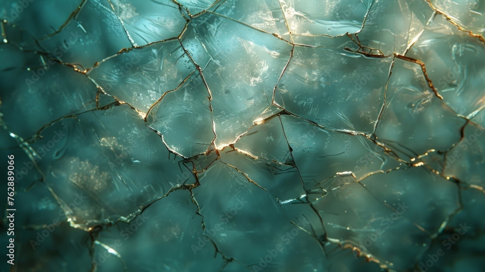 Poster a closeup photograph of a cracked mirror reflecting fragmented and unpredictable patterns of light a