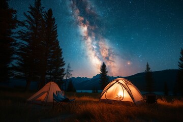 Glowing tent on lakeshore under starry sky, tranquil solitude, intimate encounter with cosmic beauty on tranquil night. Illuminated shelter by calm water as night descends, radiant stars paint skies,
