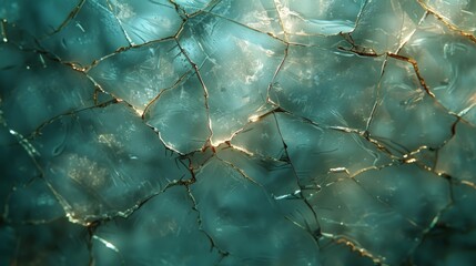 A closeup photograph of a cracked mirror reflecting fragmented and unpredictable patterns of light and shadow.