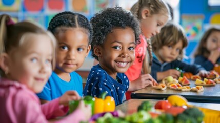 A classroom filled with children playing a game where they match pictures of different healthy foods to their corresponding food group. They are all engaged and having fun