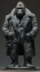 Gorilla Statue Dressed in a Vintage Coat and holding a briefcase.