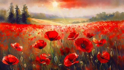 Landscape with a field of flowering red poppies. Oil painting in impressionism style.
