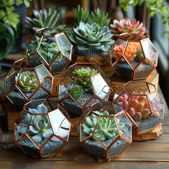 Collection of succulents in geometric terrariums