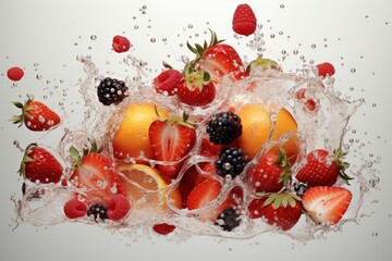 Vibrant berries and fruits swirling in clear water, commercial photography for juice ads