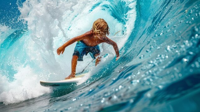 photo of a young cute child kid boy surfing and swimming in the sea ocean. wallpaper background 16:9