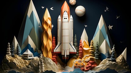 paper artwork space rocket mountains, trees and the moon, illustration