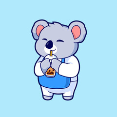Obraz premium Cute Koala Cartoon Drinking Boba Milk Tea Vector Icon Illustration. Flat Cartoon Style Vector Mascot.