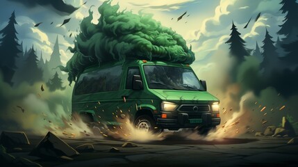Green Van Driving Through Forest