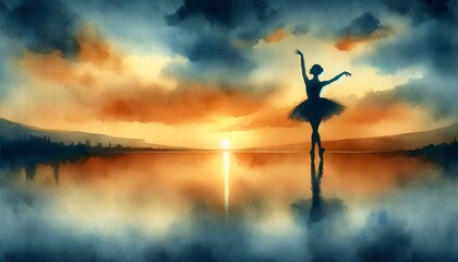 Watercolor Painting Silhouette of a Ballet Girl