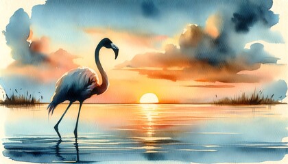 Obraz premium Watercolor Painting Silhouette of a Flamingo
