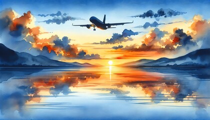Watercolor Painting Silhouette of a Flying Airplane - 762891436