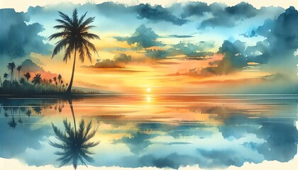 Fototapeta na wymiar Watercolor Painting Silhouette of a Palm Tree
