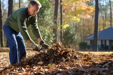 Man Digging Pile of Leaves in Yard