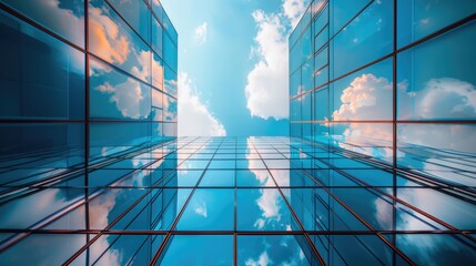 Glass Skyscrapers Reflecting the Serene Blue Sky and White Clouds - A Captivating Low Angle View of Business Office Buildings