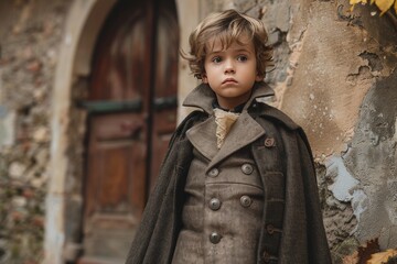 Little Boy in Coat Standing by Building