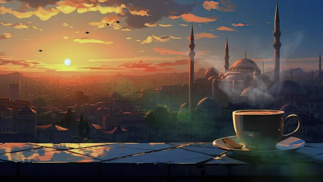 A cup of hot coffee or tea on a table at sunset with a mosque in the background. Anime art style. Loop animation