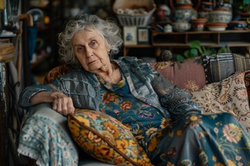 Elderly Woman Sitting on Living Room Couch