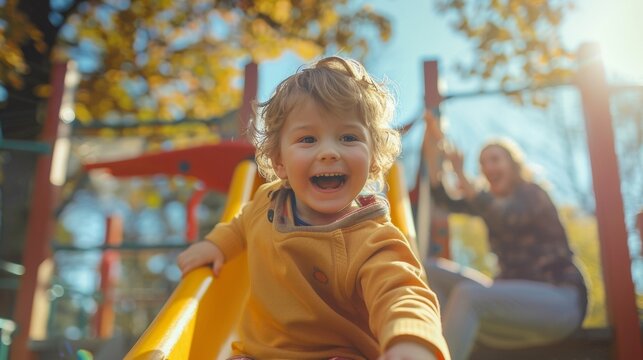 The next image shows the child smiling brightly as they triumphantly stand at the top of the slide with their parent cheering them on from below.