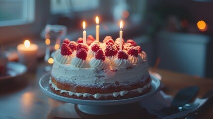Blowing Out the Candles: A Festive Birthday Cake Celebration  - obrazy, fototapety, plakaty
