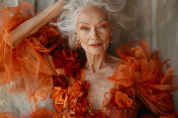 Elderly Woman in White Hair and Orange Dress
