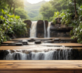 Fototapeta na wymiar Wooden plank empty table in front of blurred background. Brown wood perspective over blurred waterfall in forest - can be used for your product display or montage